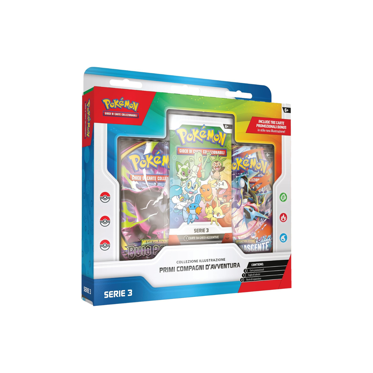 Cofanetto Pokémon Collezione Illustrazione Primi Compagni D'Avventura Serie 3 con 3 bustine e carte promozionali rara illustrazione in italiano